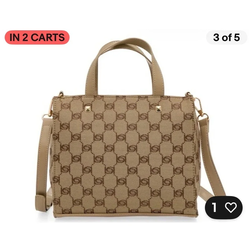 Bebe Los Angeles Monogram Jacquard Tote Bag‎ Tan Brown Crossbody Satchel Studded